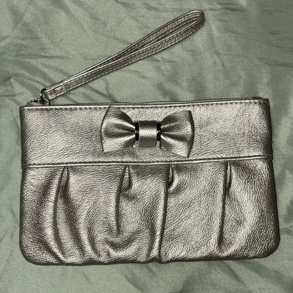 Silver Wristlet Clutch with Bow Accent